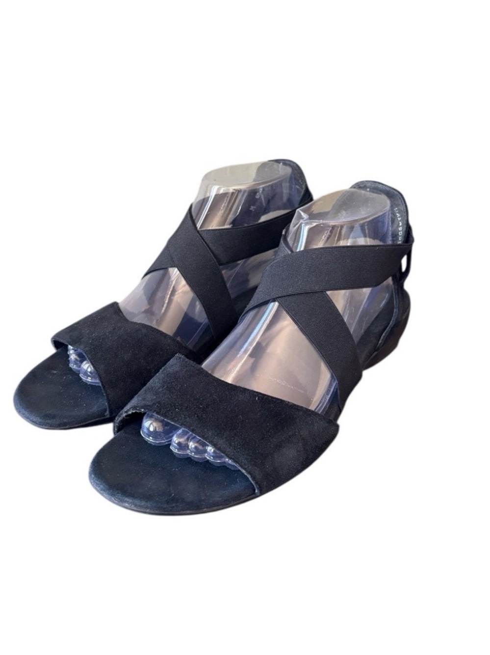Munro Ariel Black Nubuck Leather Sandals Elastic Cross Strap Size 10